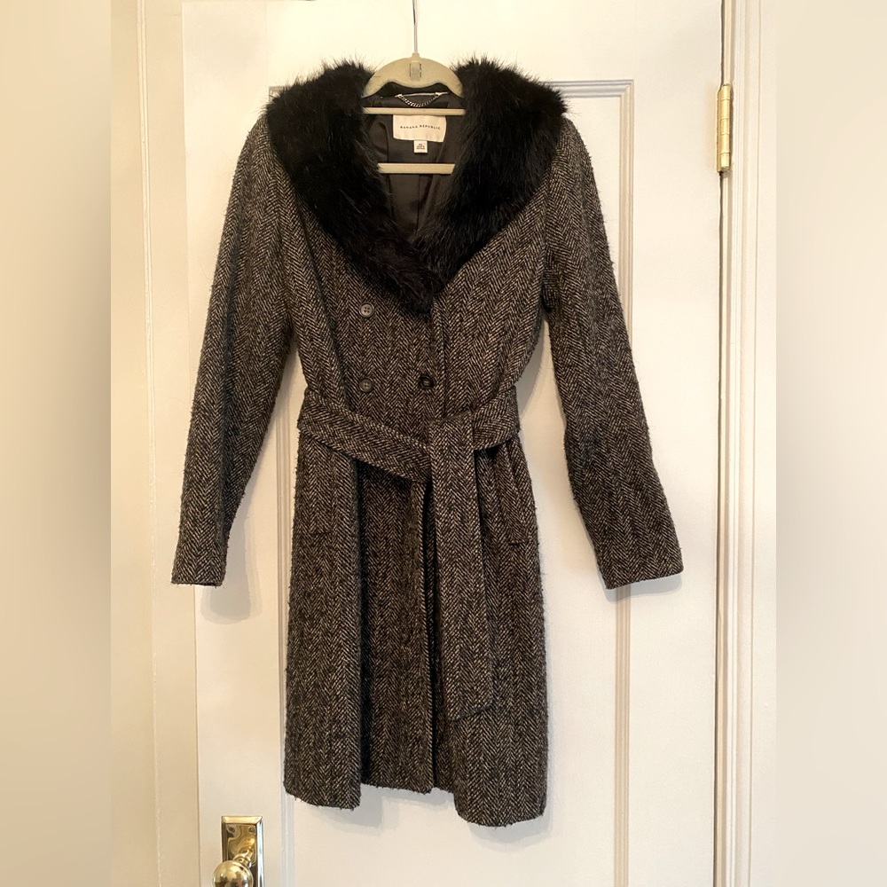 Banana Republic Gray Coat with Black Fur Collar